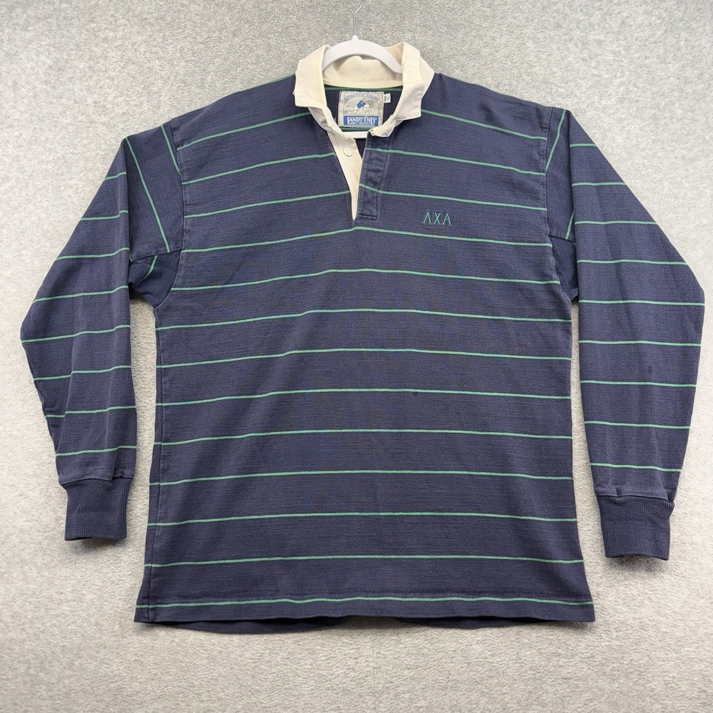 Vintage End Rugby Polo Shirt Mens XL LS Green Blue Striped Heritage AXA Frat